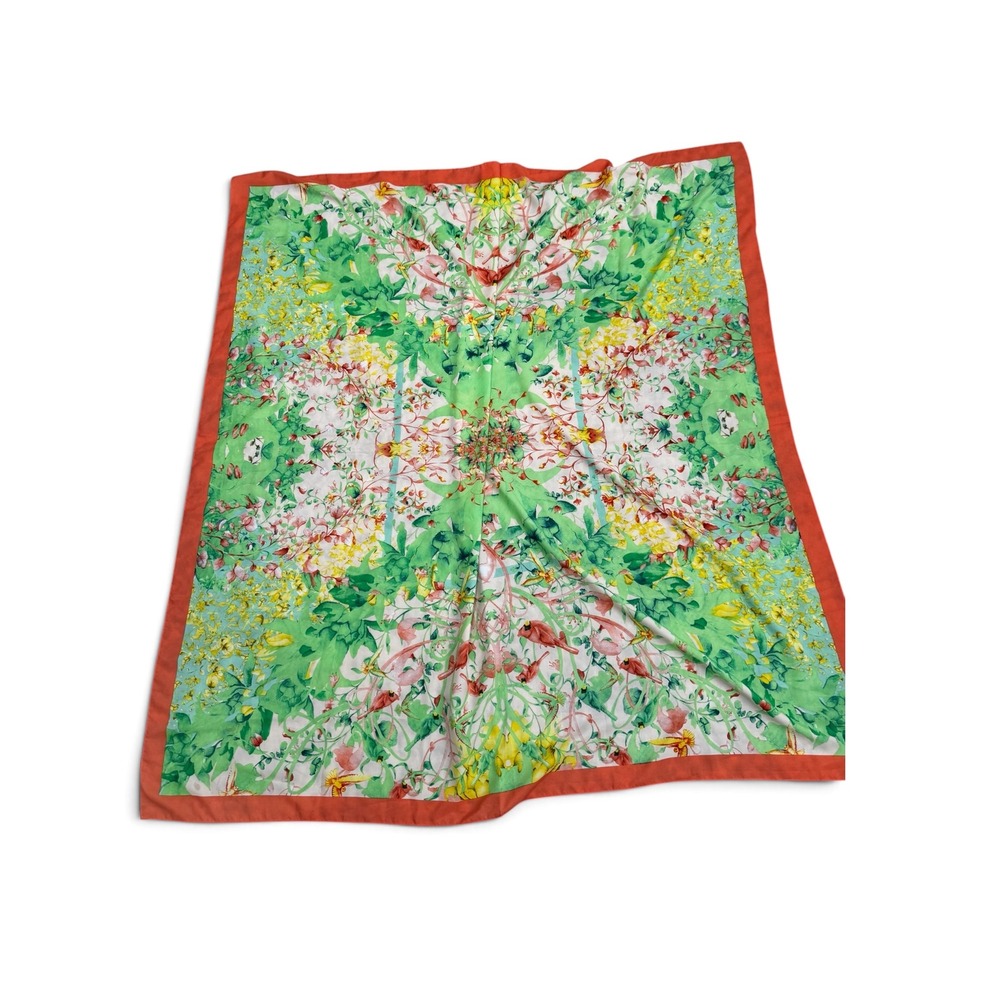 Botanical Floral Print Square Scarf Green Orange Garden Blossom Lightweight